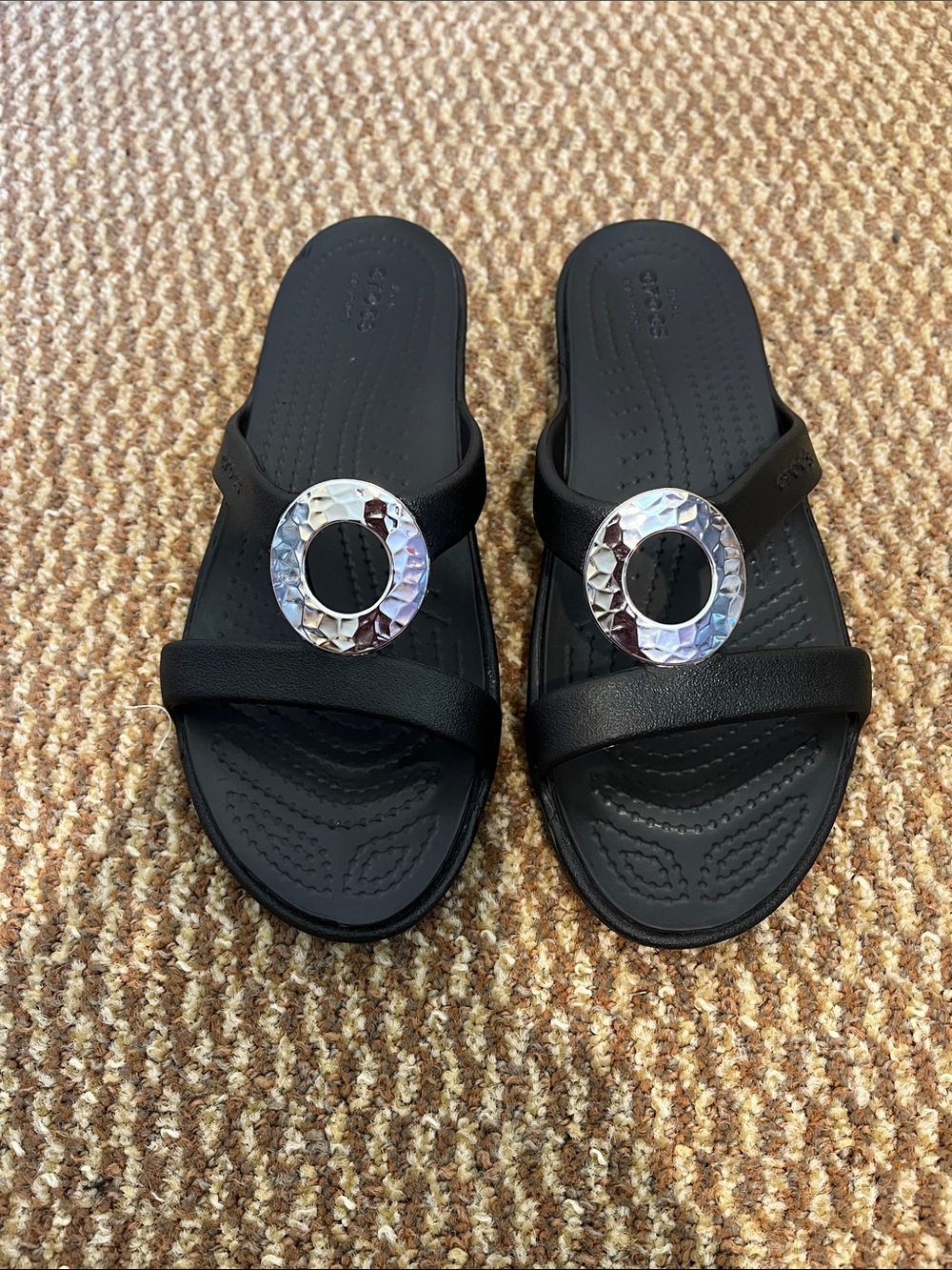 CROCS Black Slide Sandals with Silver Hammered Ring